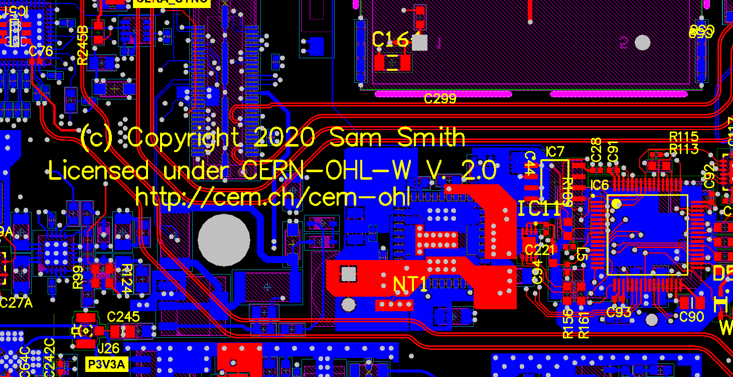 A Printed Circuit Board (PCB) layout, including a CERN OHL v2 licence notice in its silkscreen layer (Image: Tomasz Wlostowski/CERN).
